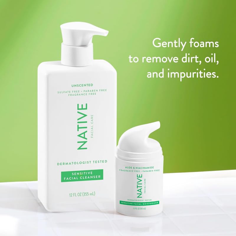 Native Sensitive Face Wash, Spa Day Every Day Facial Cleanser (2 Pack) | Daily Face Cleaner with Aloe and Vitamin B3, Unscented, 12 fl oz