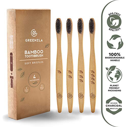GREENZLA Organic Bamboo Toothbrushes, 4 Pack Sturdy BPA Free Soft Bristles Toothbrushes for Adults with Toothbrush Travel Case & Charcoal Dental Floss, Biodegradable & Compostable Wooden Toothbrushes