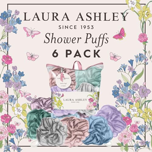 Laura Ashley 6 Pack Loofah Shower Poufs Exfoliating Cleansing Body Scrubbers for Shower in Washable Zip Up Bag
