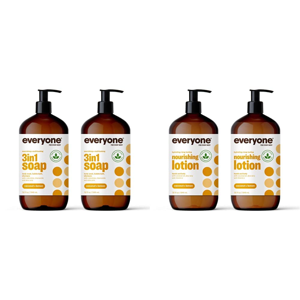 Everyone 3-in-1 Soap, Body Wash, Bubble Bath, Shampoo (32 Ounce) and Hand and Body Lotion (32 Ounce) Bundle - Coconut and Lemon