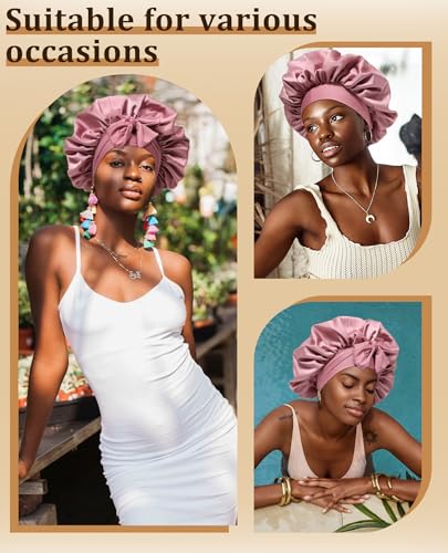 Extra Large Satin Bonnet for Sleeping Jumbo Silk Bonnet Double Layer Hair Bonnet for Women with Elastic Tie Band Sleep Bonnet Hair Wrap for Braids Curly Hair(Bean Paste + Pink)