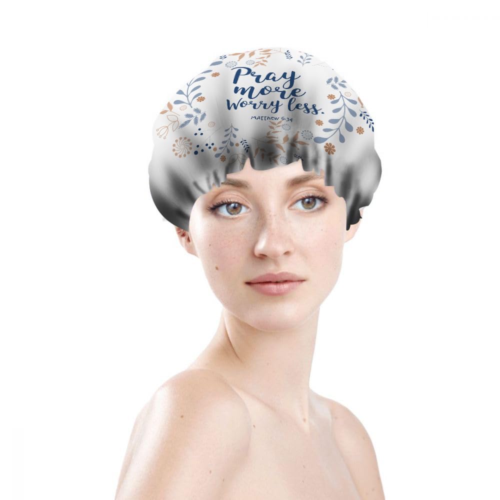 Ceutoiy Shower Cap Bible Quote Double Waterproof Layers Bathing Hat Pray More Worry Less In Floral Wreath for Women Hotel Travel Cooking Working