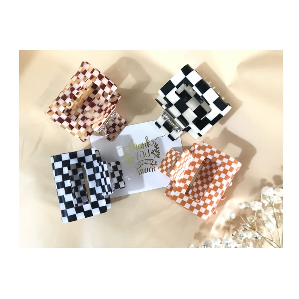 Checkered Hair Claw Clips for Women Girls Fashion Hair Clips for Styling Claw Clamps Thick Hair Retro Rectangle Shape, YOEMAYUNER (4PCs, 2inches, 4Colors)