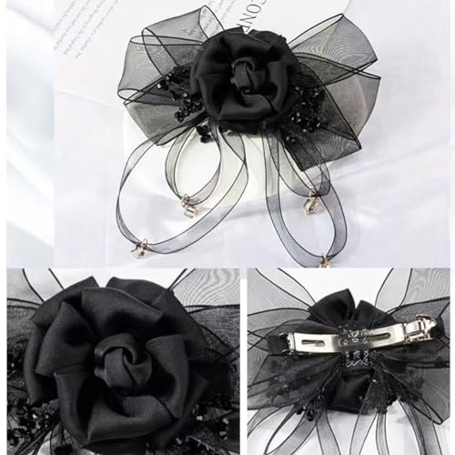 JKQBUX French Black ribbon Bow Barrette Rose Flower Hair Clips for Women Girls Hair Bowknot Clip Wedding Party Christmas 1PC Black