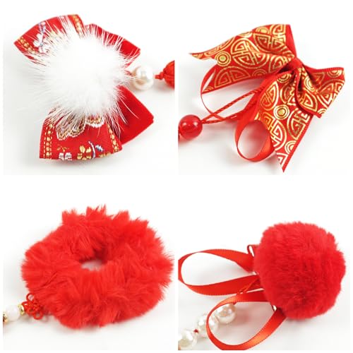 LOONELO 4 Pairs Chinese New Year Baby Girl Hair Clips with Chinoiserie Tassel, Dragon Year Hairy Furry Balls Red Bows Hairpins, Tassel Hair Barrettes for Spring Festival Lunar Year Decorations
