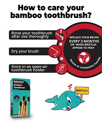 SAVSEA Charcoal Bamboo Toothbrush for Adults with Soft Medium Bristles (4Toothbrushes)
