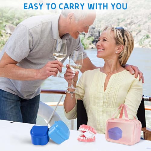 KISEER Denture Bath Case Cup Box Holder Storage Soak Container with Strainer Basket for Travel Cleaning (Blue)