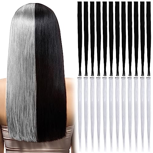 Colored 24 Pcs Halloween Hair Extensions 20 Inch Heat-Resistant Straight Hair Wig Rainbow Colorful Party Hairpieces for Independence Day Pride Month LGBT Party(Black, White)