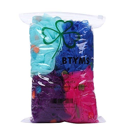 BTYMS Premium Mesh Poufs (65g/pcs) Bath Sponges Shower Loofahs Exfoliating Shower Puff - Great for Body Wash Pack of 4