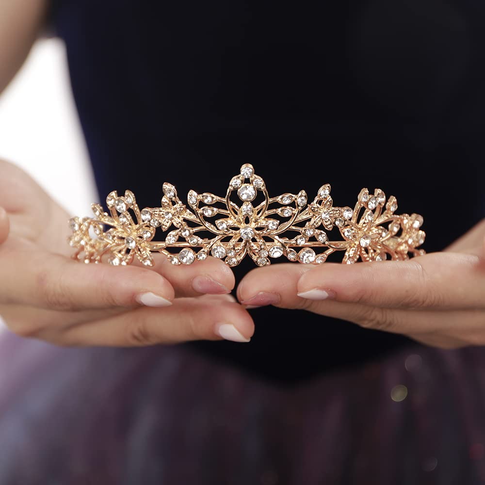 JWICOS Crystal Tiaras and Crowns for Women and Girls Bridal Princess Rhinestones Crystal Flower Wedding Tiara Crown for Birthday Pageant Prom Party (Gold)