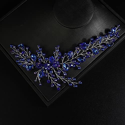 JWICOS Bride Wedding Hair Vine Pearl Bridal Hair Piece Crystal Wedding Hair Accessories Long Headband for Women and Girls (blue)