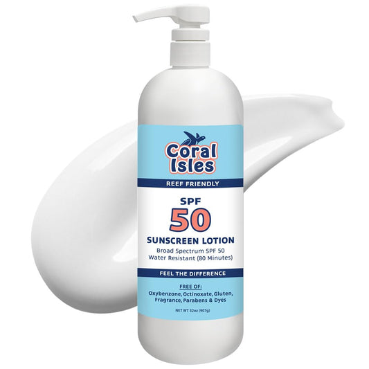 Coral Isles Sunscreen SPF 50 | Hawaii Compliant as Reef Safe | Octinoxate & Oxybenzone Free | Broad Spectrum UVA/UVB Protection | Water Resistant 80 Min. | Fragrance Free | 32 Fl Oz Quart w/Pump