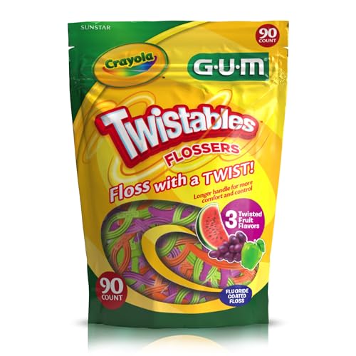 GUM Twistables Kids Flossers with Fluoride - Designed for Little Hands - Three Fun Fruit Flavors - Easy to Use Kids Floss Picks for Children Ages 3+, 90 Count (Pack of 2)