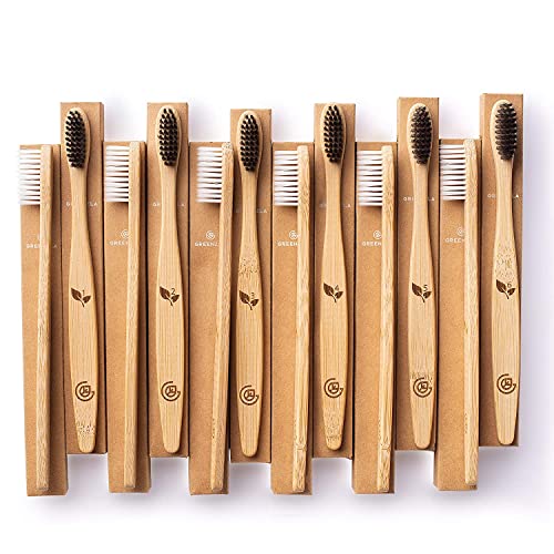 GREENZLA Organic Bamboo Toothbrushes, 4 Pack Sturdy BPA Free Soft Bristles Toothbrushes for Adults with Toothbrush Travel Case & Charcoal Dental Floss, Biodegradable & Compostable Wooden Toothbrushes