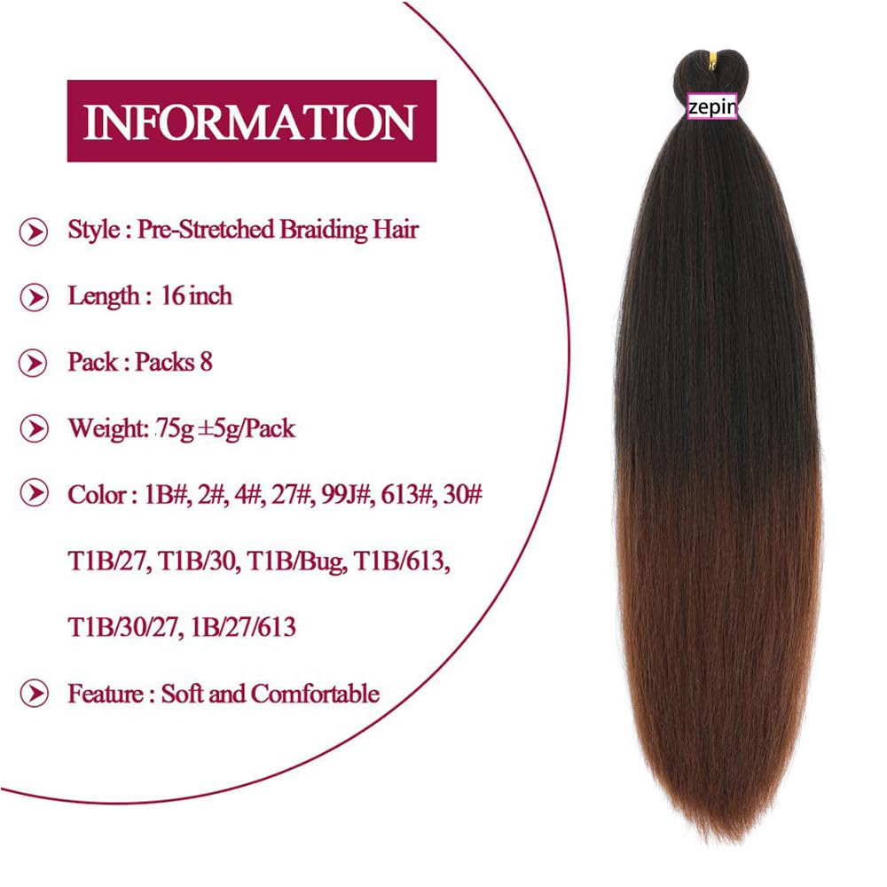 ZEPIN Pre Stretched Braiding Hair 16 Inch 8 Packs Professional Soft Yaki braiding Hair For Braids Hot Water Setting Synthetic Crochet Hair Extensions (16 Inch (Pack of 8), 1b/30)