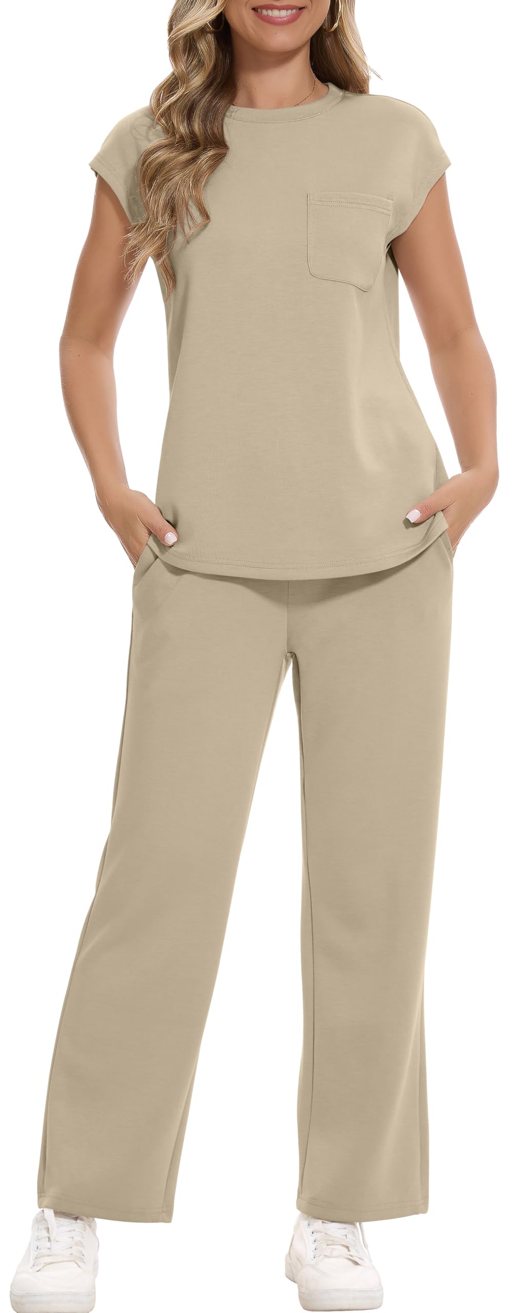 RUBZOOF Lounge Sets for Women 2 Piece Casual Summer Outfits Vacation Traval Clothes Loose Fit Cap Sleeve Tops Matching Pants Set Athletic Workout Sweat Suits Khaki M