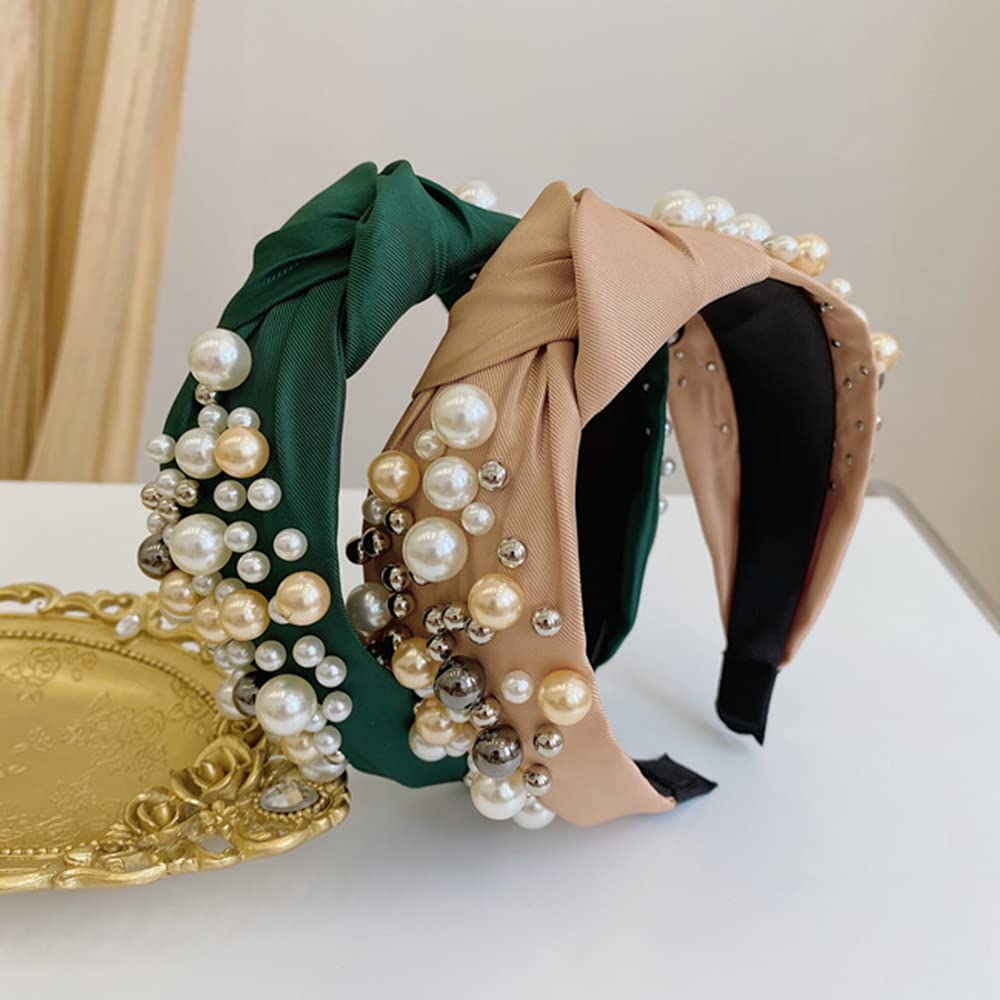 Wiwpar Pearl Knotted Headbands for Women Fashion Wide Pearl Bead Headband Head Bands Boho Hair Accessories (Green)