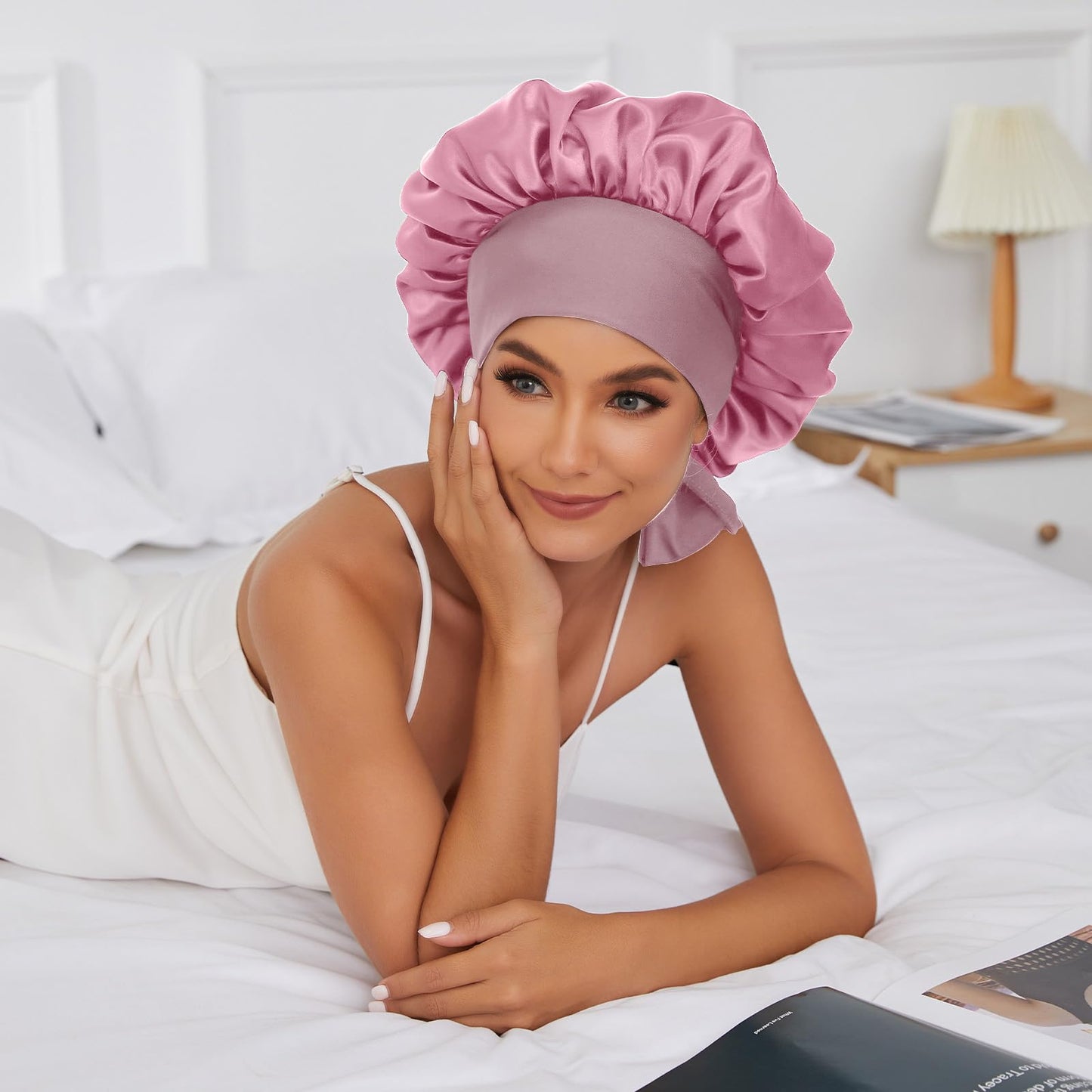 Satin Silk Bonnet Hair Bonnet for Sleeping Jumbo Sleep Cap, Bonnet for Women Curly Hair, Double Layer Bonnet with Tie Band, Shower Cap-Pink