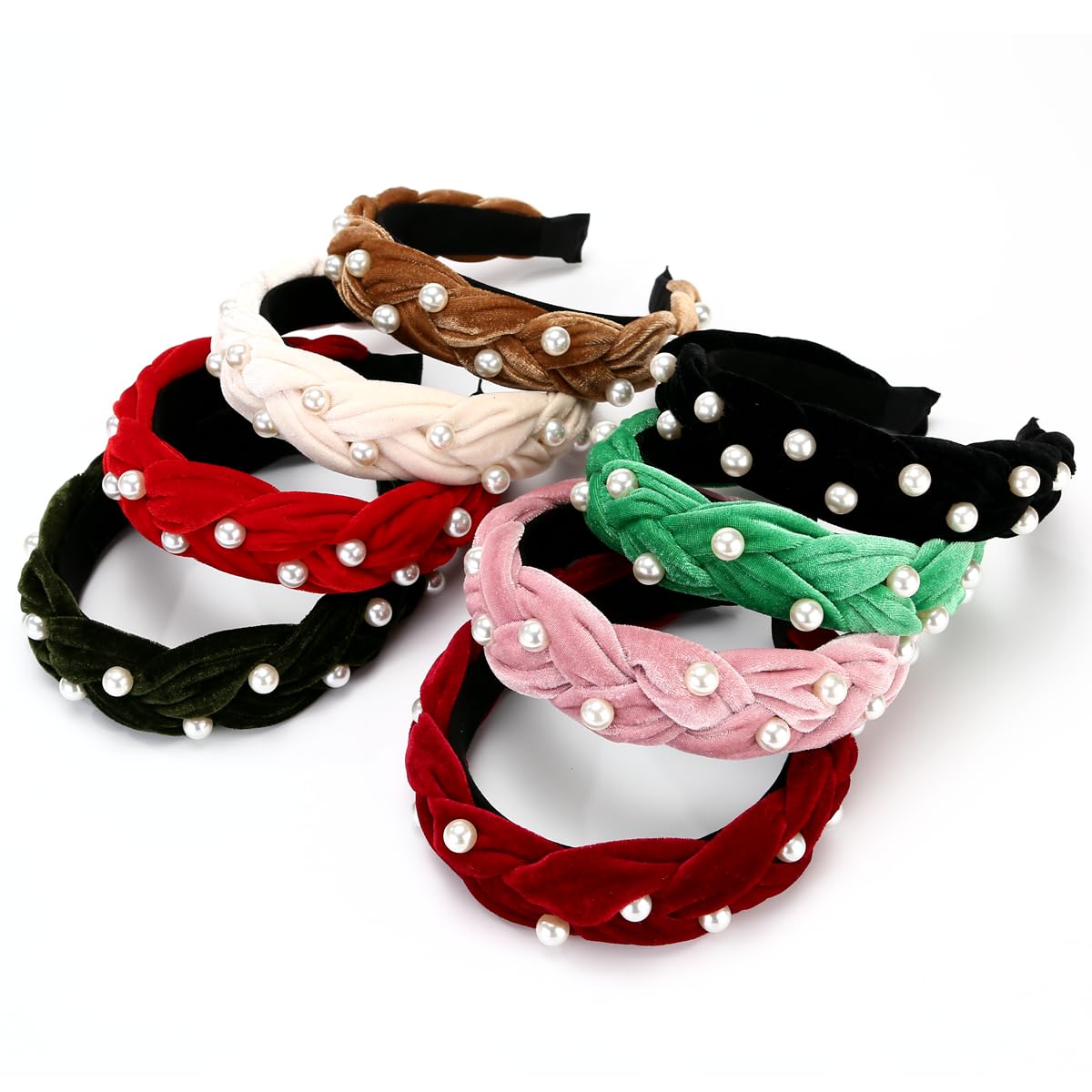 LONEEDY Cute Braided Velvet Wide Headband,Fashion Padded Twist Pearl Thick Headband for Women and Girls (Pearl-Cream)