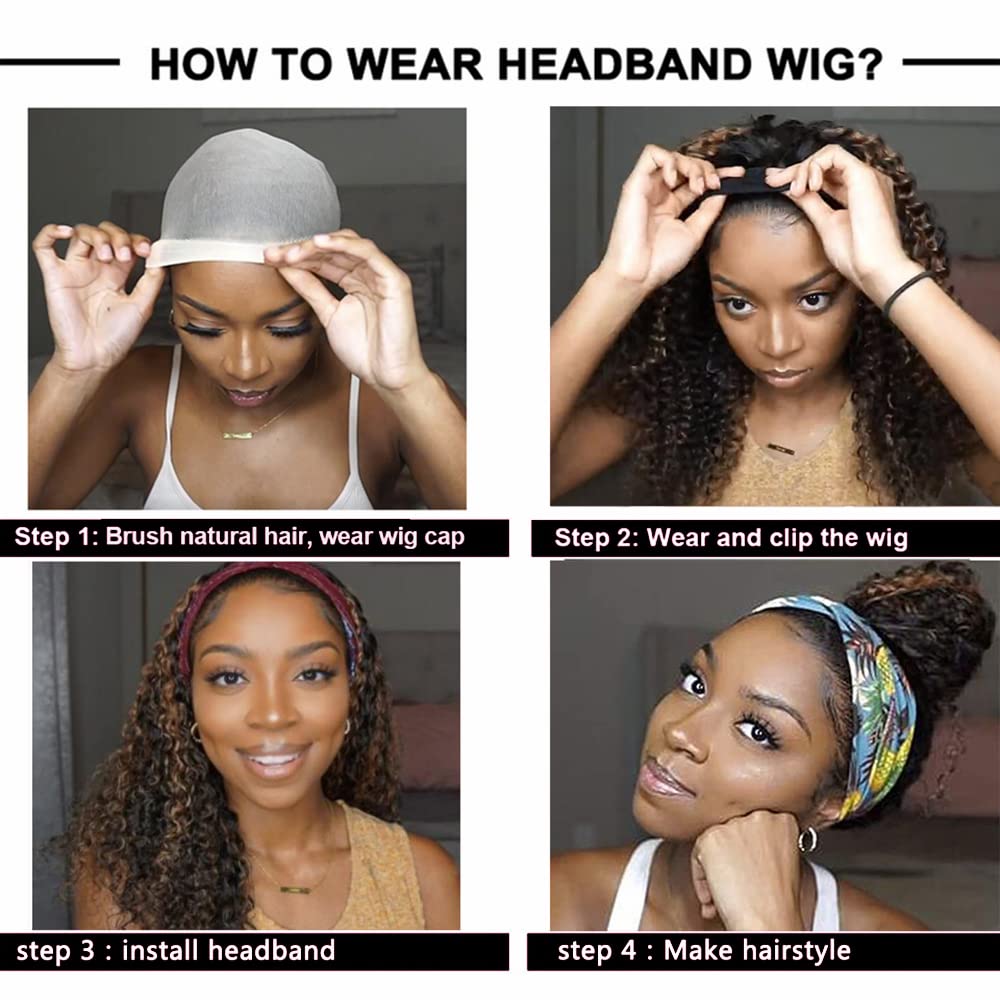 YiweYowe 28 Inch P4/27 Highlight Headband Wig Human Hair Deep Wave Brown Wig Human Hair Glueless Brazilian Virgin Hair Machine Made Wig 150% Density None Lace Front Wig Honey Blonde Colored