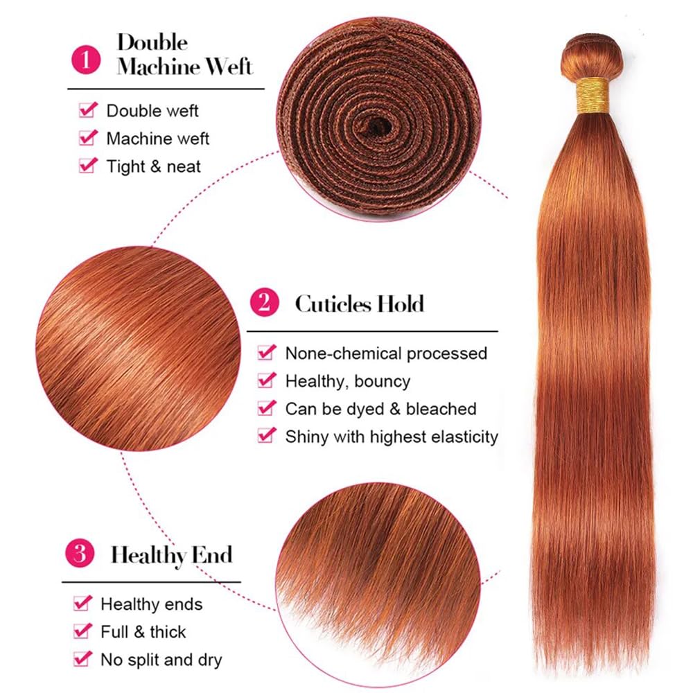 Ginger Orange Straight Bundles Color 350 Human Hair Bundles Ginger Hair Straight Bundles Double Weft Remy Hair Soft and Silky Weave Extensions Bundles for Black Woman (24 24 24 inch,3 Bundles)