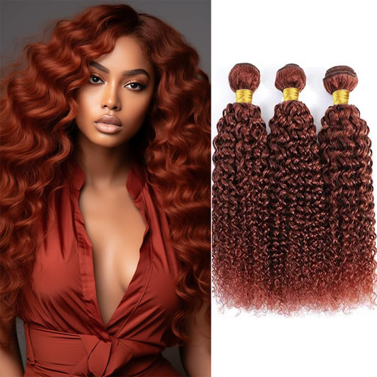 Color #33 Curly Bundles Human Hair Reddish Brown Kinky Curly Bundles Auburn Human Hair Double Weft Brazilian Remy Hair Weave Extensions Wet and Wavy Silky Soft for Black Women(20 22 24 Inch 3 Bundles)