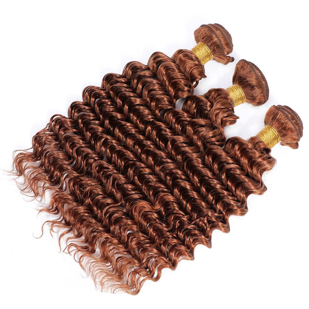 Color 30 Deep Wave Bundles Human Hair Light Brown Loose Deep Curly Bundles #30 Human Hair Bundles 24 26 28 inch Double Weft Brazilian Remy Hair Silky and Soft Weave Extensions For Black Woman