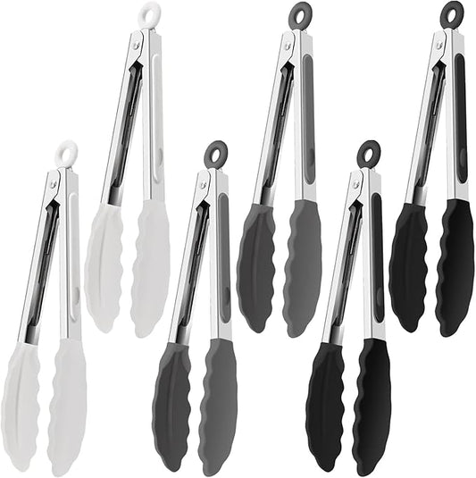 6 PCS Silicone Tongs,Cooking Tongs with Silicone Tips,7 Inch Stainless Steel Silicone Kitchen Tongs,Heat Resistant Non-Stick,for Cooking Grilling Salad,BBQ Tongs with Locking