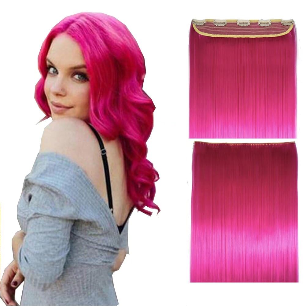 iLUU Hot Pink Color Clip in Synthetic Hairpiece 24inch Straight Hair Extension 100g/pack Cospaly Dress up Christmas 5 Clips in Hair Extensons Wig For Women Girls Party Cosplay #8D