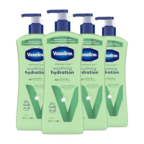 Vaseline Intensive Care Body Lotion 4 Count Soothing Hydration for Dry Skin with Ultra-Hydrating Lipids + 1% Aloe Vera Extract to Refresh Dehydrated Skin 20.3 Oz