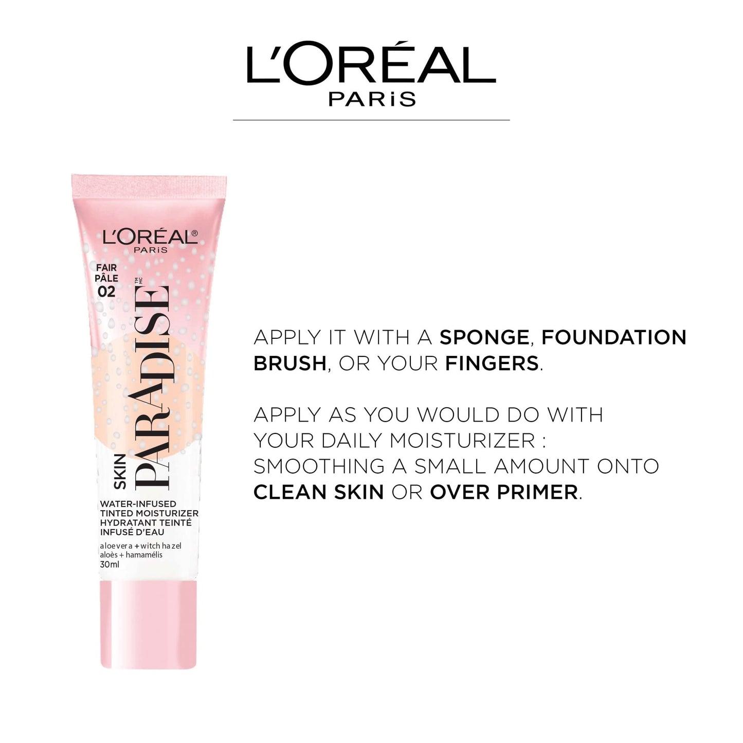 L'Oreal Paris Skin Paradise Water-infused Tinted Moisturizer with Broad Spectrum SPF 19 sunscreen lightweight, natural coverage up to 24h hydration for a fresh, glowing complexion, Light 01, 1 fl oz