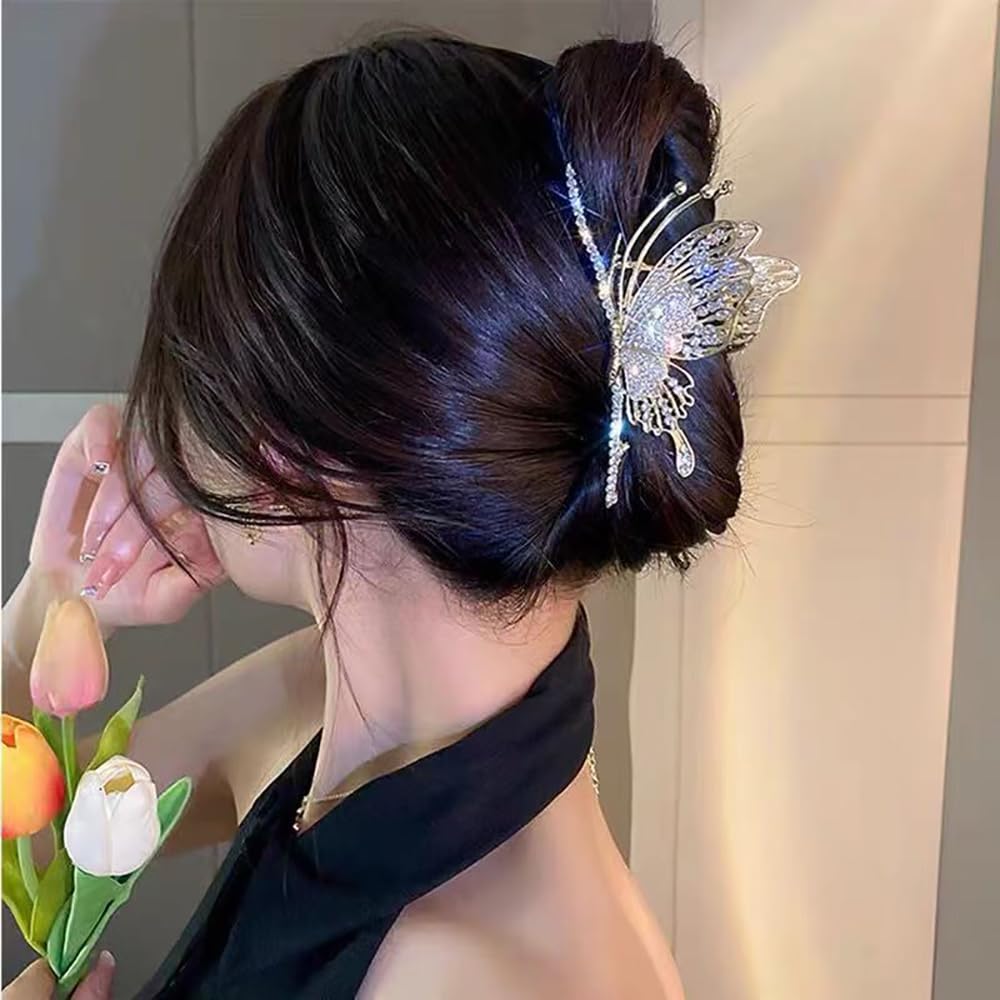 Diamond Non-Slip Strong Metal Hair Clips, 2Pcs Sparkly Butterfly Hold Hair Claws for Women, Big Headwear Gifts