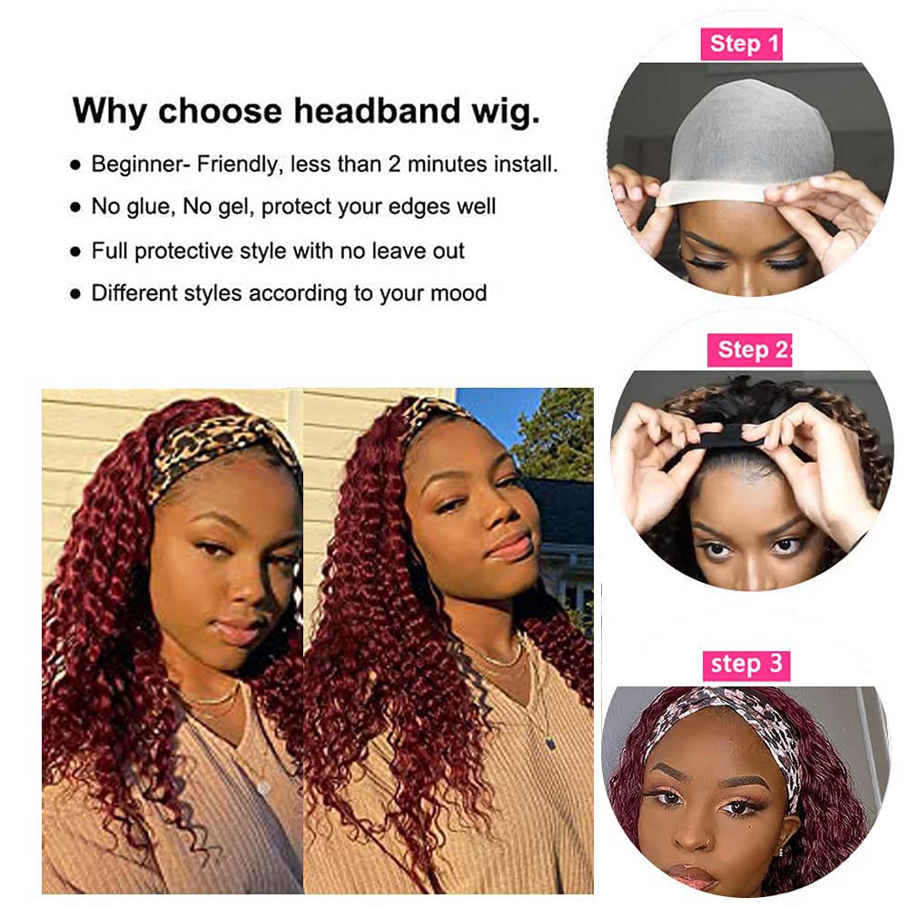 YiweYowe 30 Inch 1B99J Red Headband Wig Human Hair Burgundy Deep Wave Headband Wigs Two Tone Ombre Human Hair Wigs 150% Density Grade 8A Unprocessed Virgin Hair Wigs Headband Wig Wine Red Color