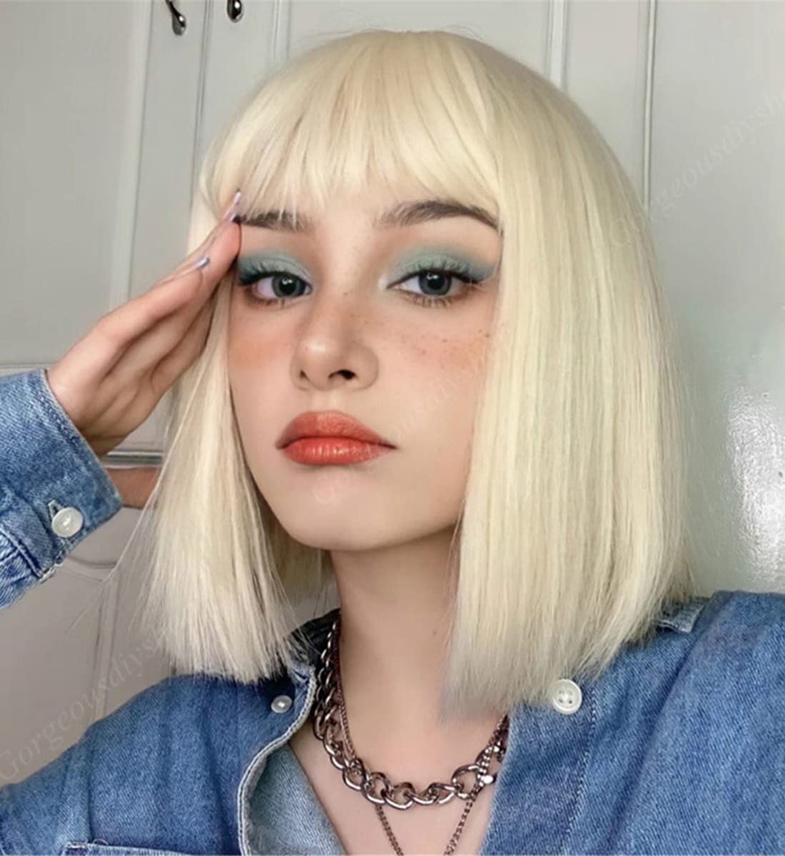 LANOVA White Blonde Short Wig with Bangs, Synthetic Hair Silver Blonde Short Bob Wig 10 inch LANOVA-200