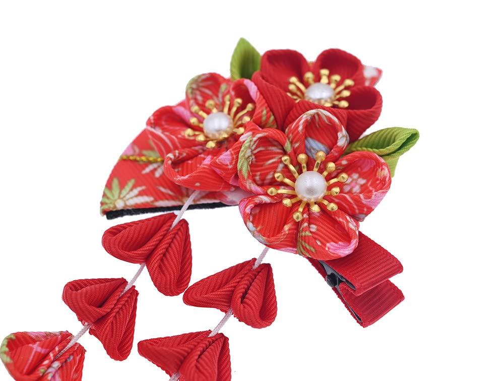 Japanese Style Women Flower Hair Clip Tassel Hair Ornament, Kimono Decor Fabric Hanfu Hairpin Accessories For Christmas Party Costume Gift (Red)