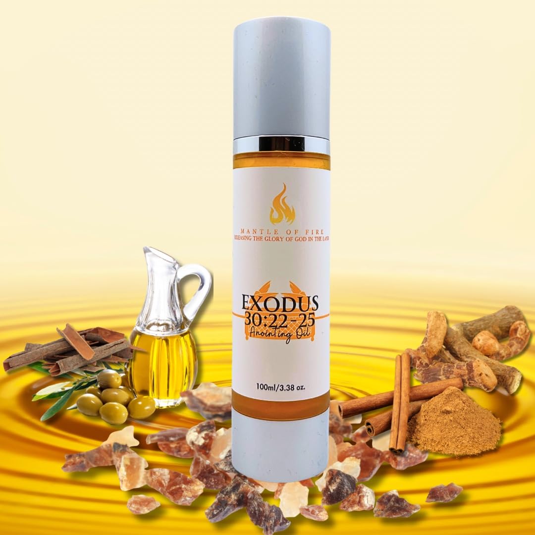 Exodus 30:22-25 Anointing Oil 100ml/3.38 oz. Recipe God gave to Moses - 500 shekels of liquid myrrh, 250 shekels of fragrant cinnamon, 250 shekels of fragrant calamus, 500 shekels of cassia and a hin of olive oil. Comes in a top of the line spill proof, s