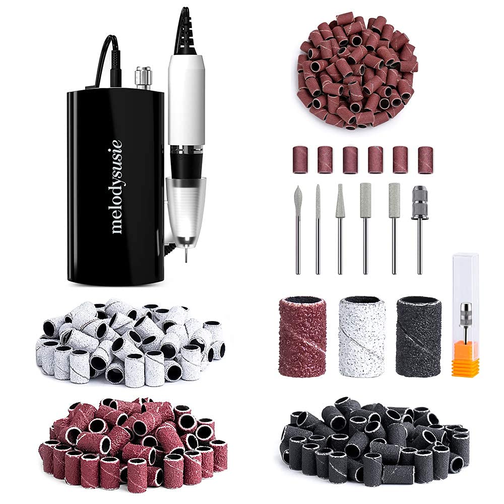 MelodySusie Professional Nail Drill - 30000 rpm Rechargeable Portable Nail Drills with 6 Bits and 106 Sanding Bands, Cordless Electric File Machine for Acrylic Nails Polish with 300Pcs Sanding Bands