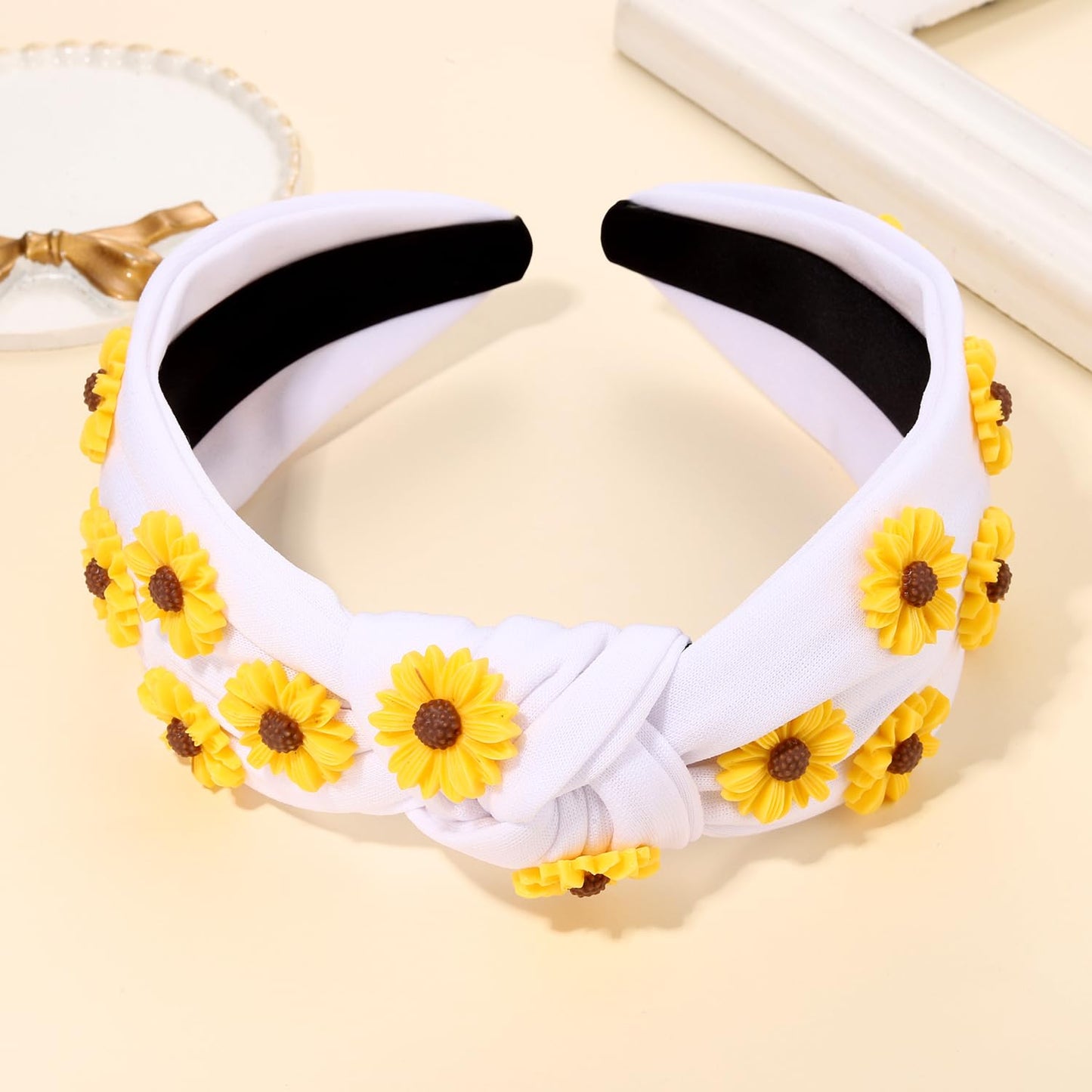 MOLOCH Flower Headband for Women Summer Beach Accessories Outfits Beaded Sunflower Knotted Headband Jeweled Crystal Top Knot Headband Summer Beach Vacation Party Decorations Gifts
