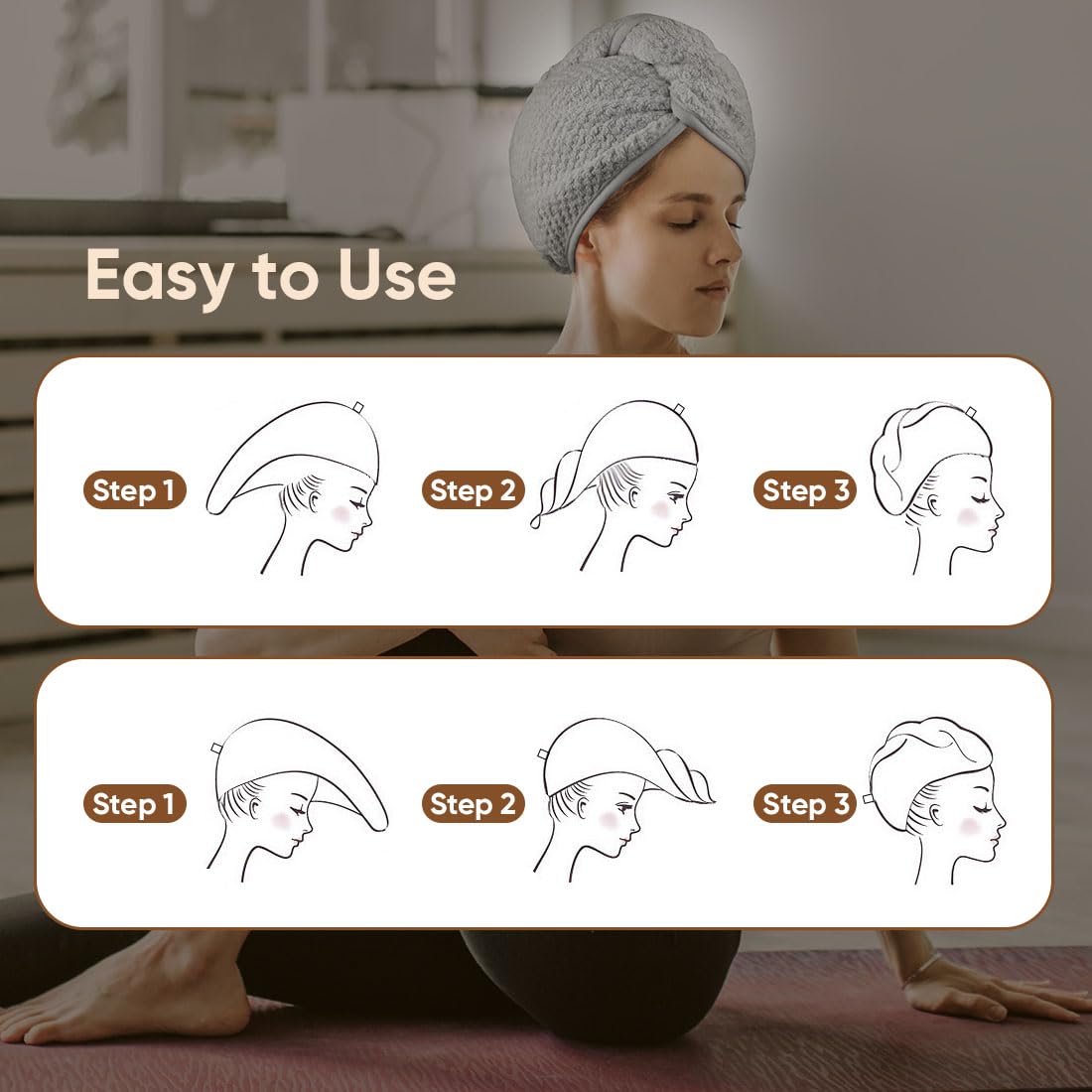 HOMEXCEL Microfiber Hair Towel Wrap, 2 Pack Hair Turbans for Wet Hair, Super Absorbent Dry Hair Towel Wrap for Curly Hair, Anti Frizz Microfiber Towel for Women, 26 x 10 inch, Grey