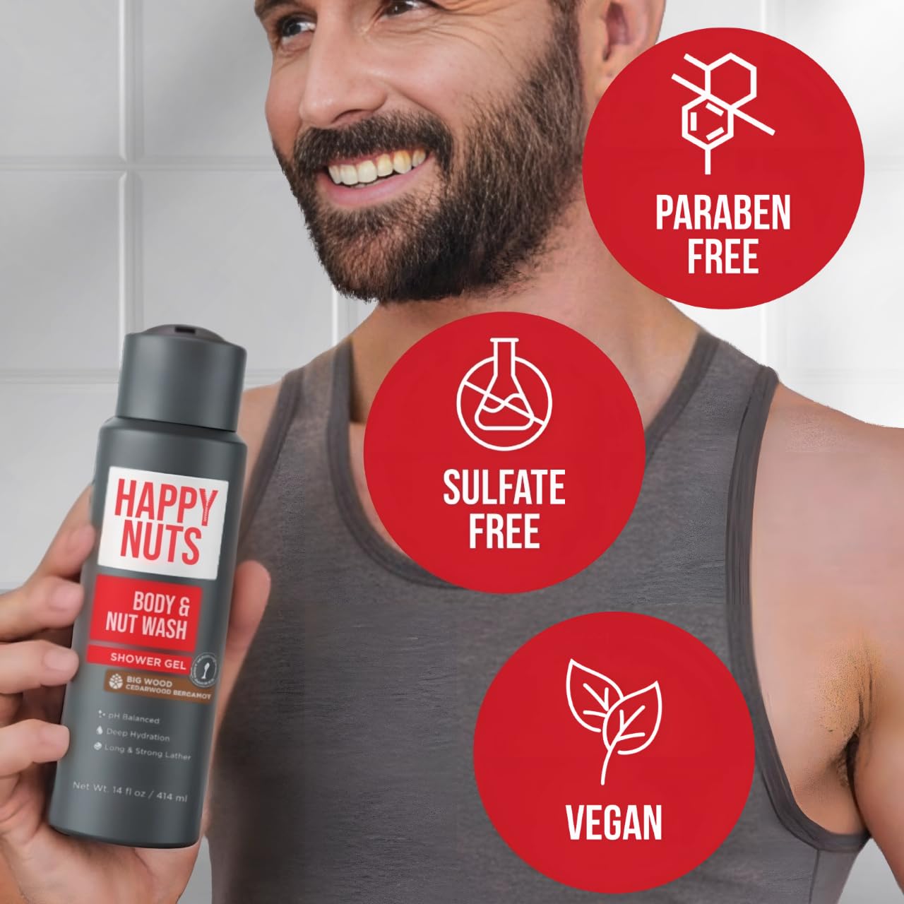 HAPPY NUTS Big Wood Body and Nut Wash - Moisturizing Men's Shower Gel, Bodywash with Deep Cleanse for Sensitive Skin - Men's Body Soap