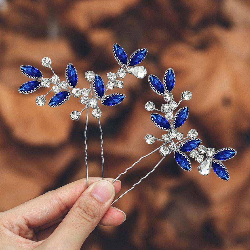 Casdre Crystal Bridal Hair Pins Rhinestone Bride Wedding Hair Piece Hair Accessories for Women and Girls (Pack of 2) (A Blue)