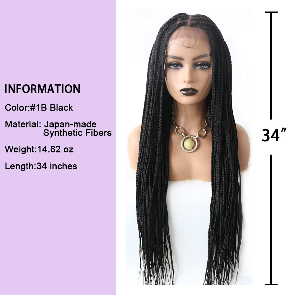 Lace Braids Wigs For Black Women Swiss Lace Front Cornrow Box Braided Wig With Baby Hair Natural Looking Synthetic Fiber Lightweight Cornrow Micro Twist Braids Wigs (#1B Black)