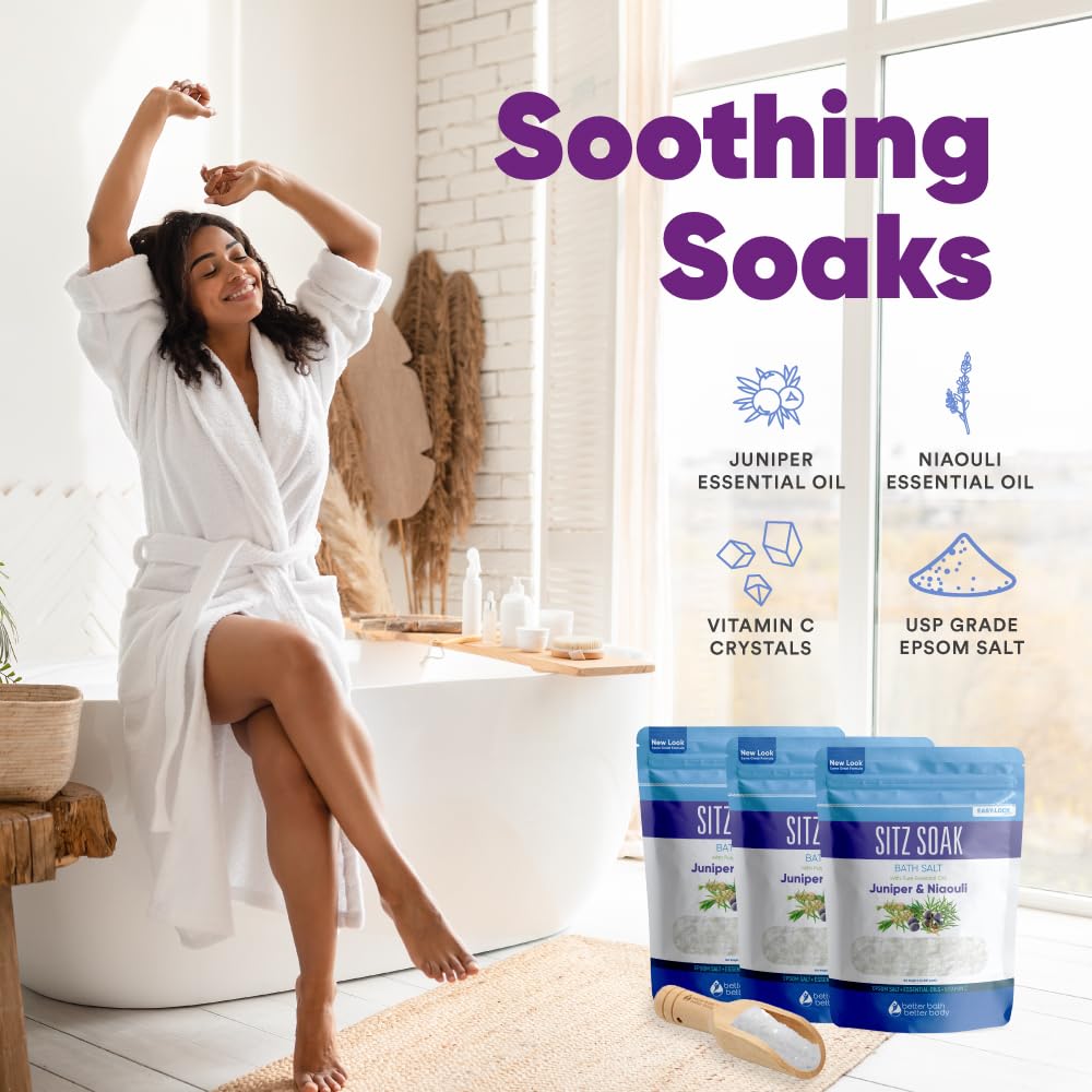 Sitz Bath Salt (3-Pack with Scoop) Hemorrhoid Soothing Sitz Soak Epsom Salt with Pure Essential Oils in BPA-Free Pouch with Easy Press Seal Made in USA with Bamboo Scoop, Three Pouches 6-Lbs Total
