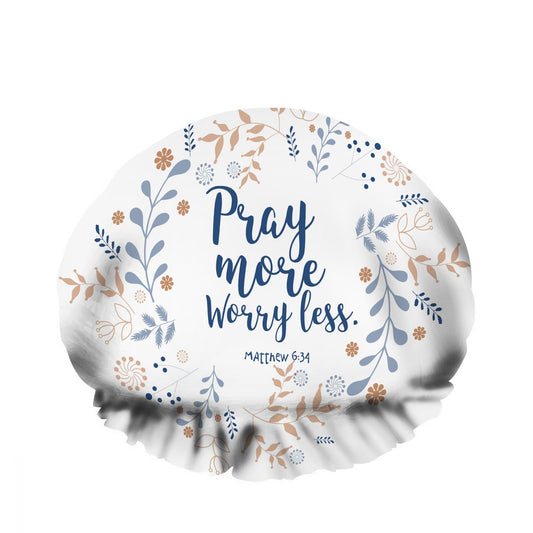 Ceutoiy Shower Cap Bible Quote Double Waterproof Layers Bathing Hat Pray More Worry Less In Floral Wreath for Women Hotel Travel Cooking Working