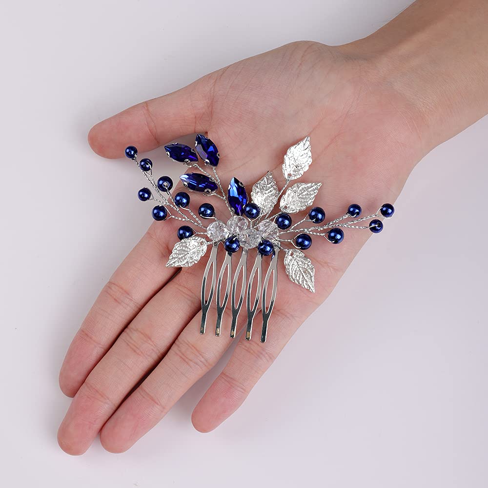 YERTTER Wedding Bridal Hair Comb decorative Rhinestone Bride Crystal Leaf Beads Comb Crystal Silver Handmade Updo Comb Clip Head Pieces for Women Flower Girls (Blue)