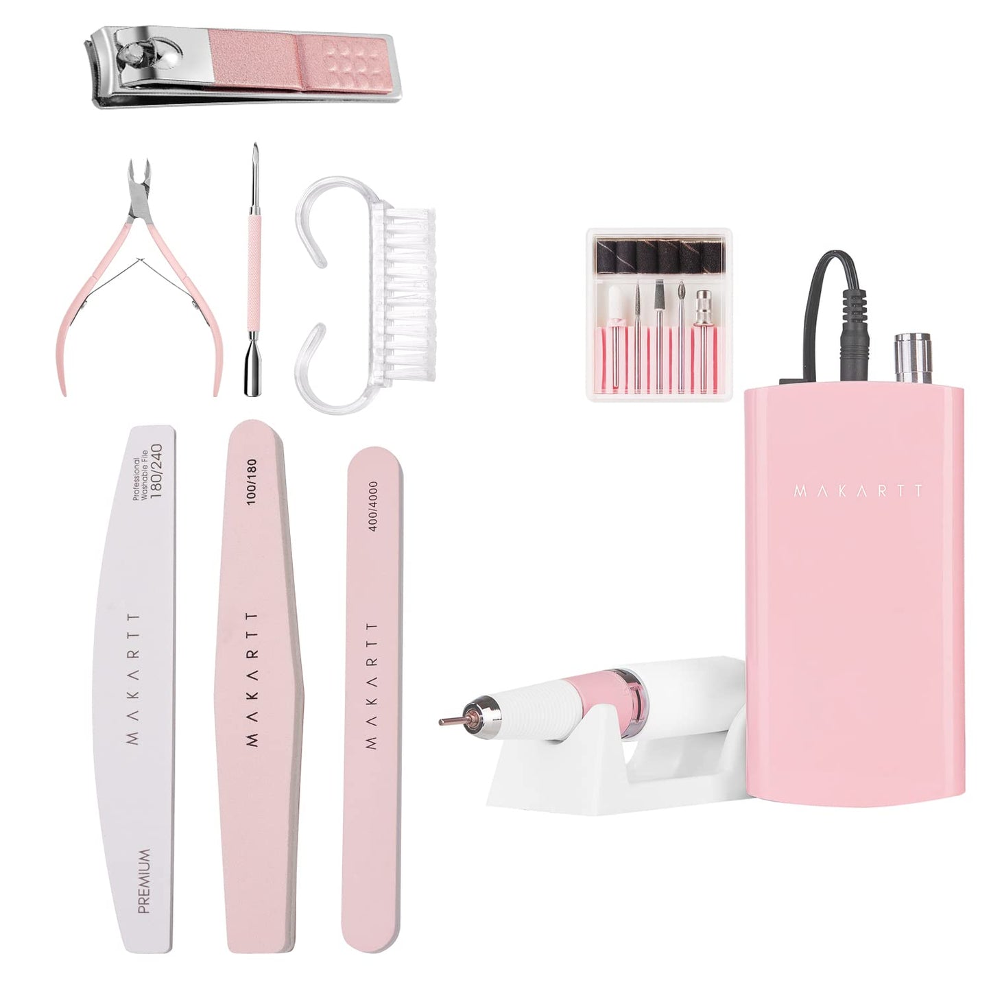 Makartt Rechargeable Nail Drill 30000RPM Portable Electric Bundle with Nail File and Buffer, Pink Basic Nail Prep Kit with Cuticle Trimmer