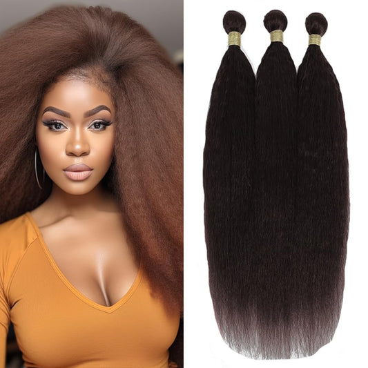 Color 4 Kinky Straight Bundles Human Hair Dark Brown Yaki Straight Bundles Chocolate Brown Double Weft Brazilian Remy Hair Extensions Soft and Silky for Black Women (20 22 24 Inch 3 Bundles)