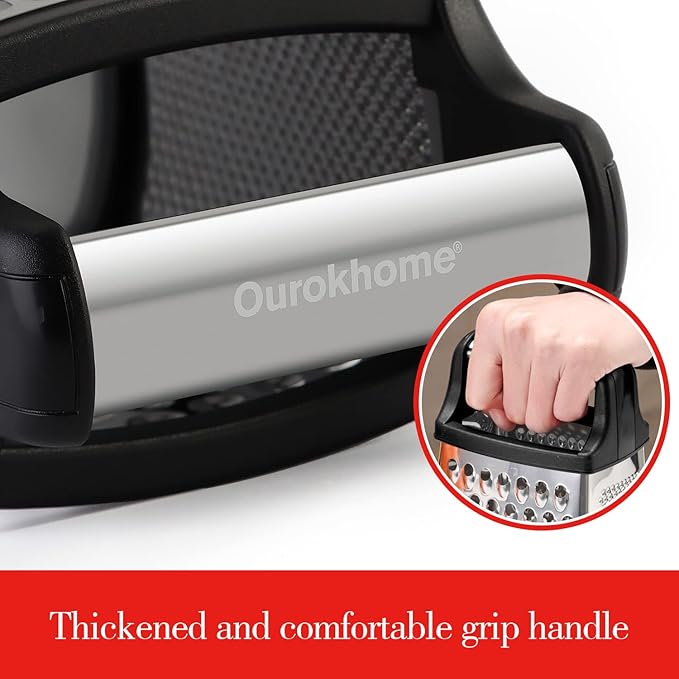 Ourokhome Cheese Grater with Handle, Stainless Steel Box Grater, 4 Side Kitchen Vegetable Shredder Slicer Zester with Container for Parmesan, Cabbage, Ginger, Lemon, Chocolate, Coconut (Black)