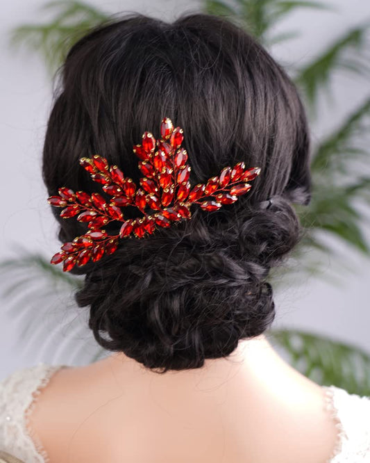 Kercisbeauty Sparkly Red Crytal Bridal Hair Comb Rhinestones Hair Piece for Wedding Brides Bridesmaid Boho Handmade Hair Jewelry Collection (Red)