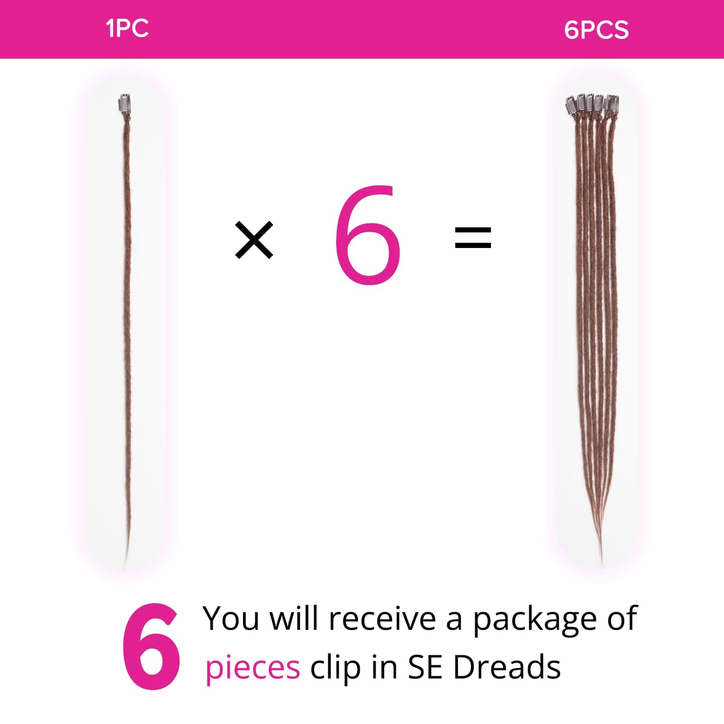 Kyriena 24 Inch Dreadlock Extensions Clip In, 6PCS Thin 0.6cm Width Medium Auburn Synthetic Clip In Dreads Hair Extensions Reggae Style Single Ended Dreadlock for Woman